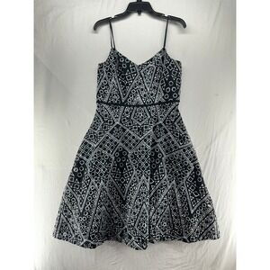 Banana Republic Black White Geometric Eyelet Fit Flare Dress Womens 12 Spaghetti